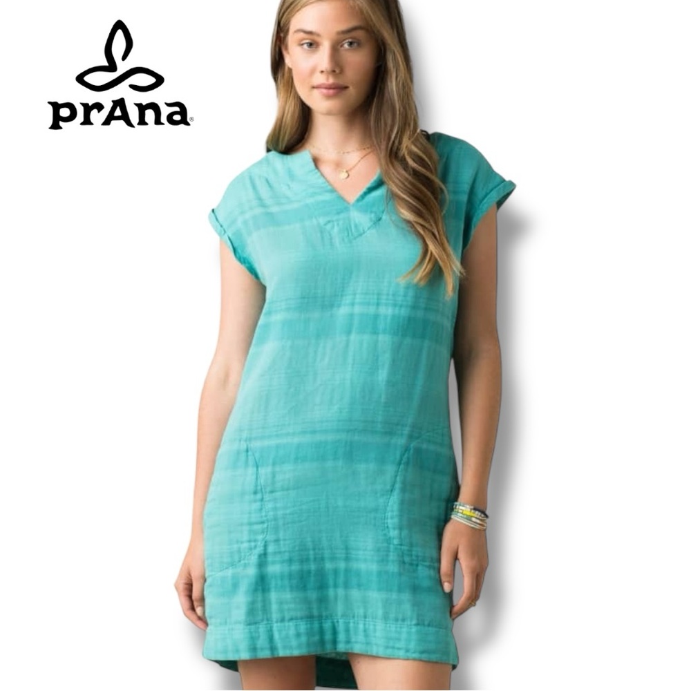PrAna Organic Cotton Kai Dress Atlantic Stripe Retro Teal Shift | Sz S